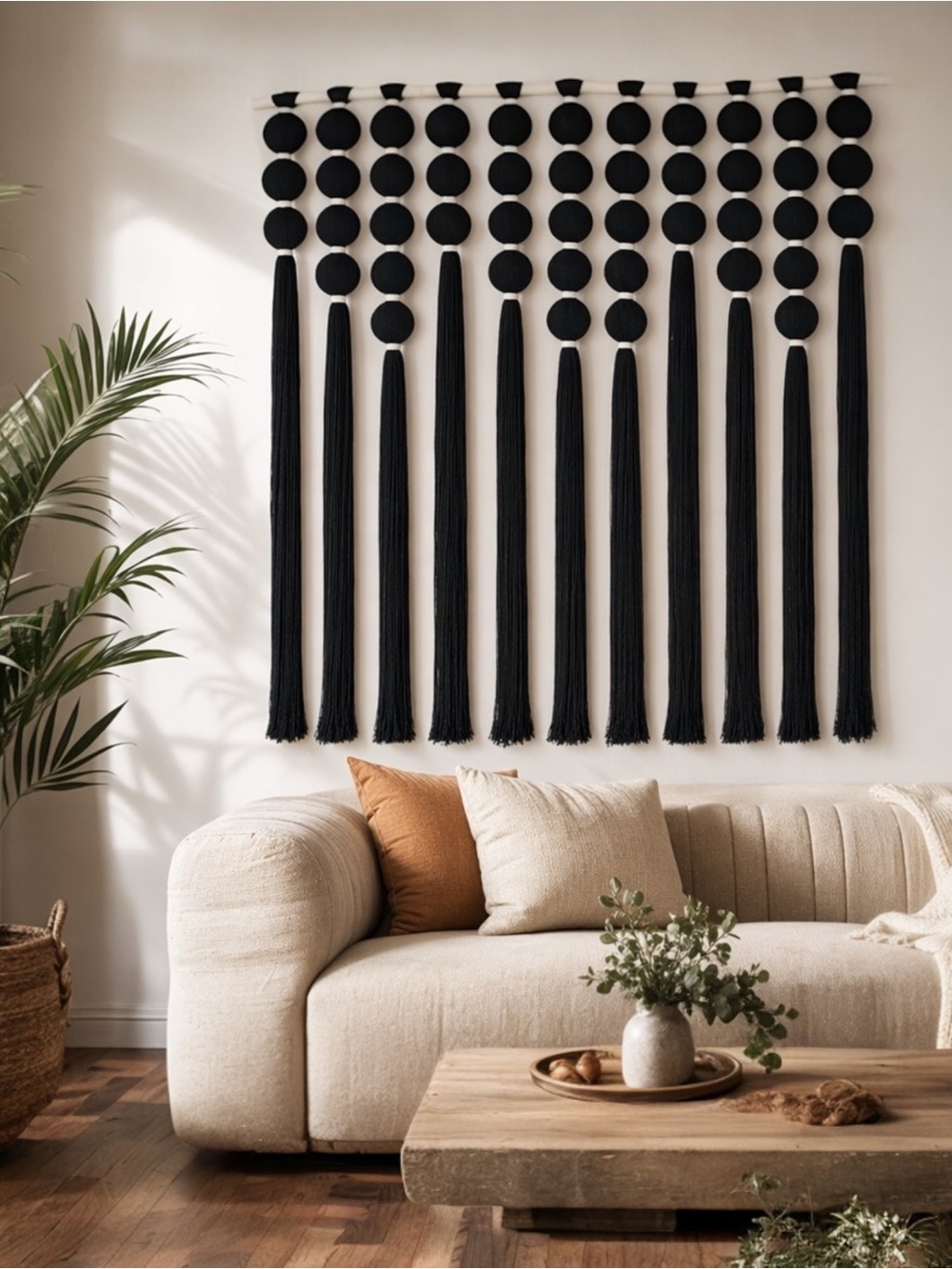 NEW Anthro XL Boho Black & White Tassel & Ball Tapestry Woven Wall Hanging - 40"